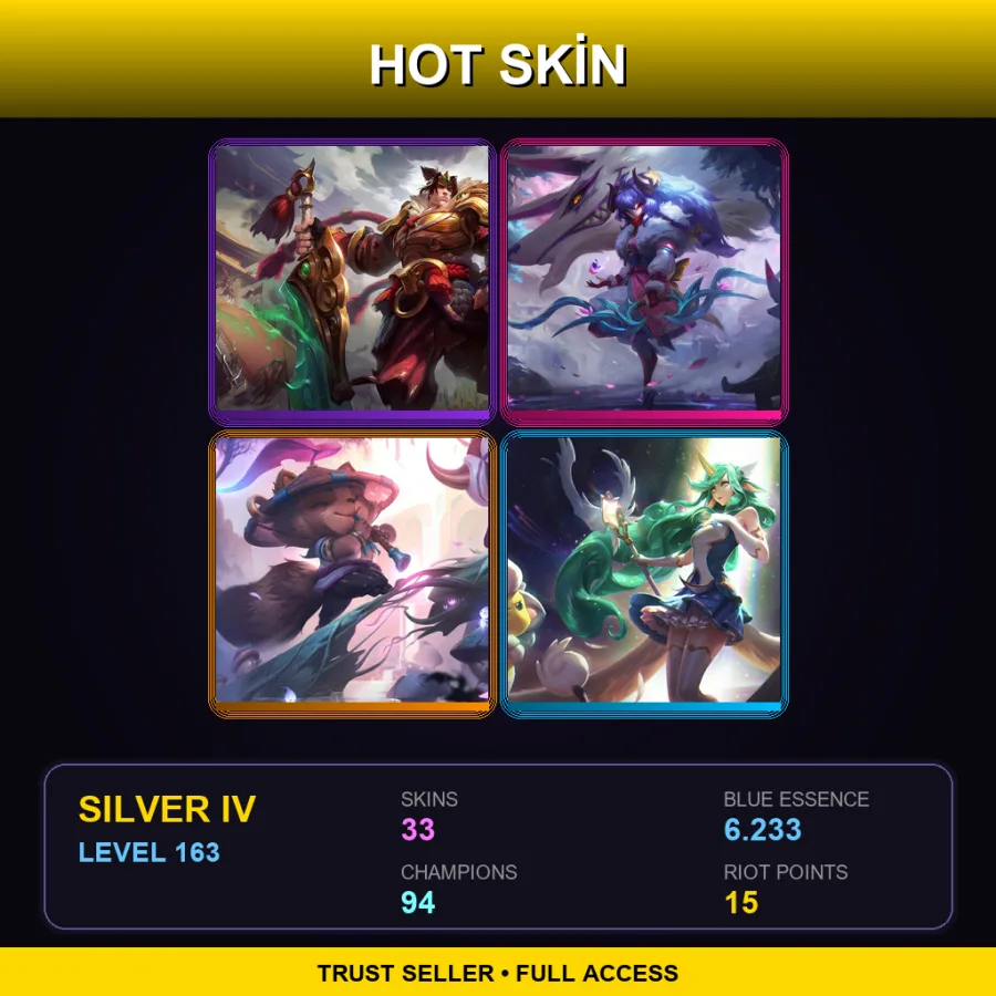 TR | Warring Kingdoms Garen | Spirit Blossom Kindred | Spirit Blossom Teemo | Star Guardian Soraka | 33 Skin | 94 Champ | Silver IV | Lv163