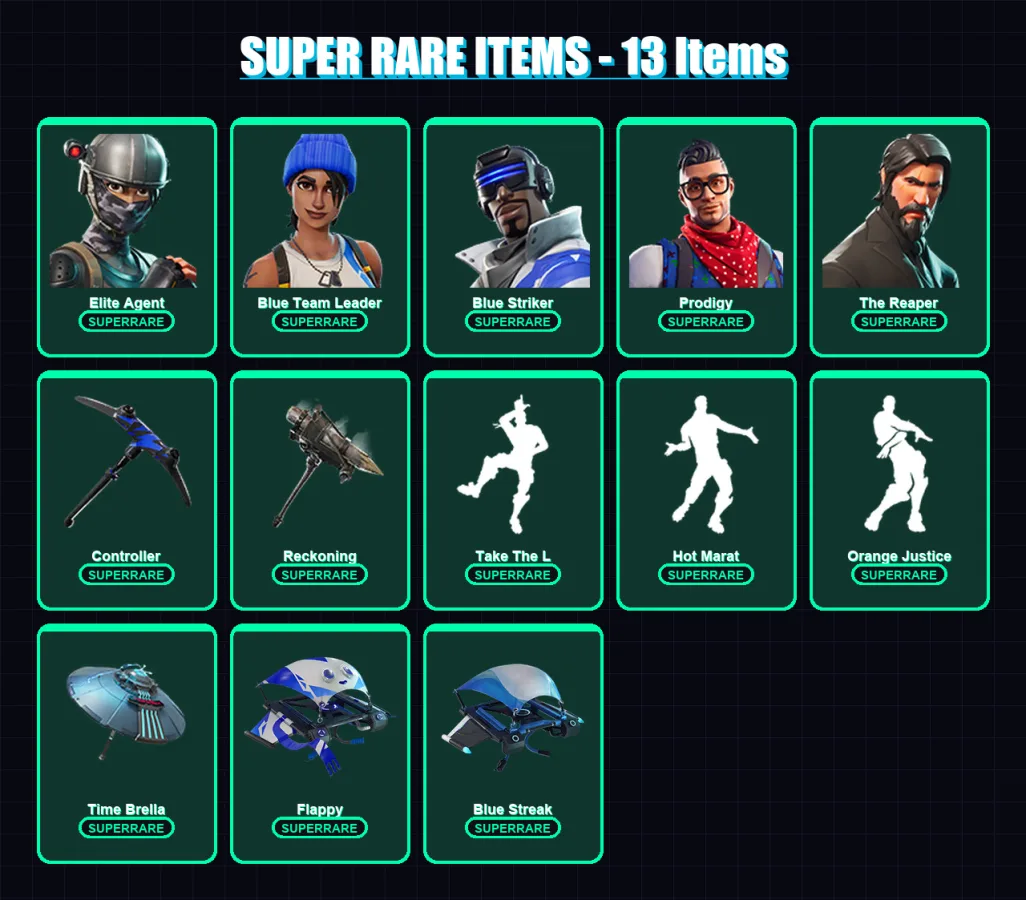 [PS4/PS5/PC] | Elite Agent | Blue Team Leader | Blue Striker | Prodigy | The Reaper | 73 skin | 53 pickaxe | 81 emote | 66 glider | Lv1054 — Fortnite account