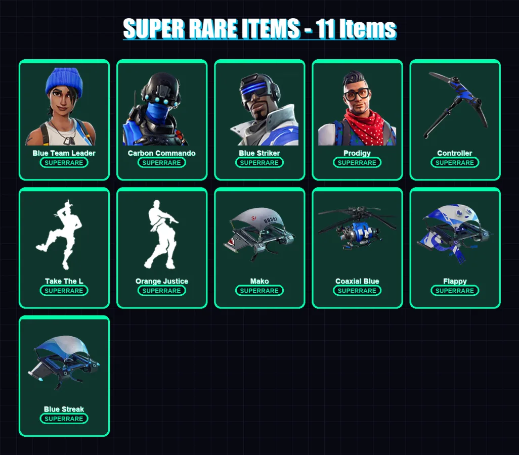 [PS4/PS5/XBOX/PC] | Blue Team Leader | Carbon Commando | Blue Striker | Prodigy | Dark Voyager | 14 skin | 13 pickaxe | 14 emote | 18 glider | Lv236
