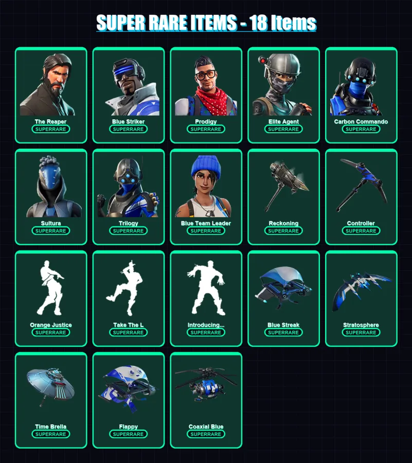 [PS4/PS5/XBOX/PC] | The Reaper | Blue Striker | Prodigy | Elite Agent | Carbon Commando | 55 skin | 66 pickaxe | 68 emote | 67 glider | Lv1077