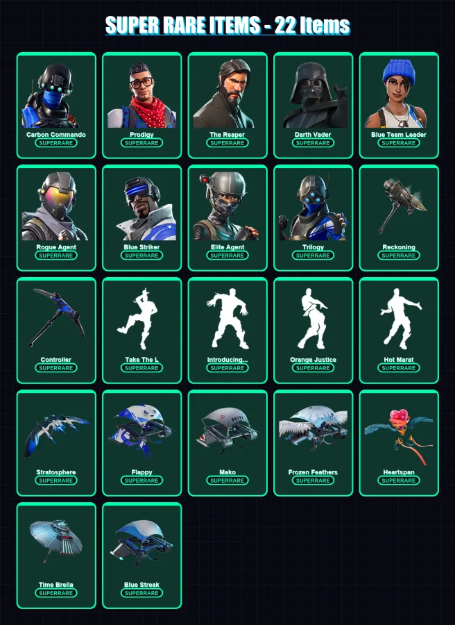 [PS4/PS5/XBOX/PC] | Carbon Commando | Prodigy | The Reaper | Darth Vader | Blue Team Leader | 123 skin | 126 pickaxe | 117 emote | 134 glider | Lv19 — Fortnite account