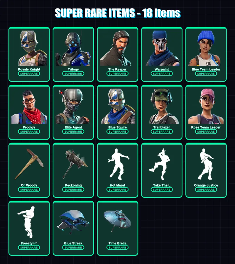 [PS4/PS5/XBOX/PC] | Royale Knight | Trilogy | The Reaper | Warpaint | Blue Team Leader | 108 skin | 65 pickaxe | 87 emote | 69 glider | Lv733