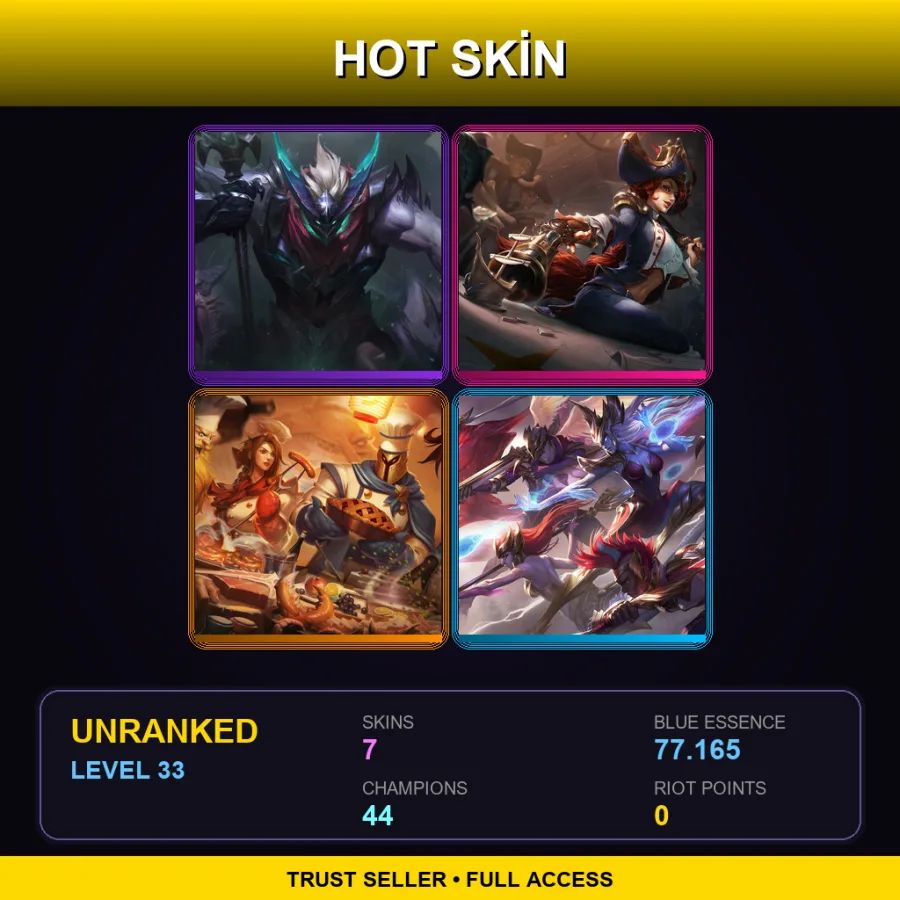 SG | Dragon Knight Mordekaiser | Waterloo Miss Fortune | Baker Pantheon | SKT T1 Syndra | 7 Skin | 44 Champ | Lv33