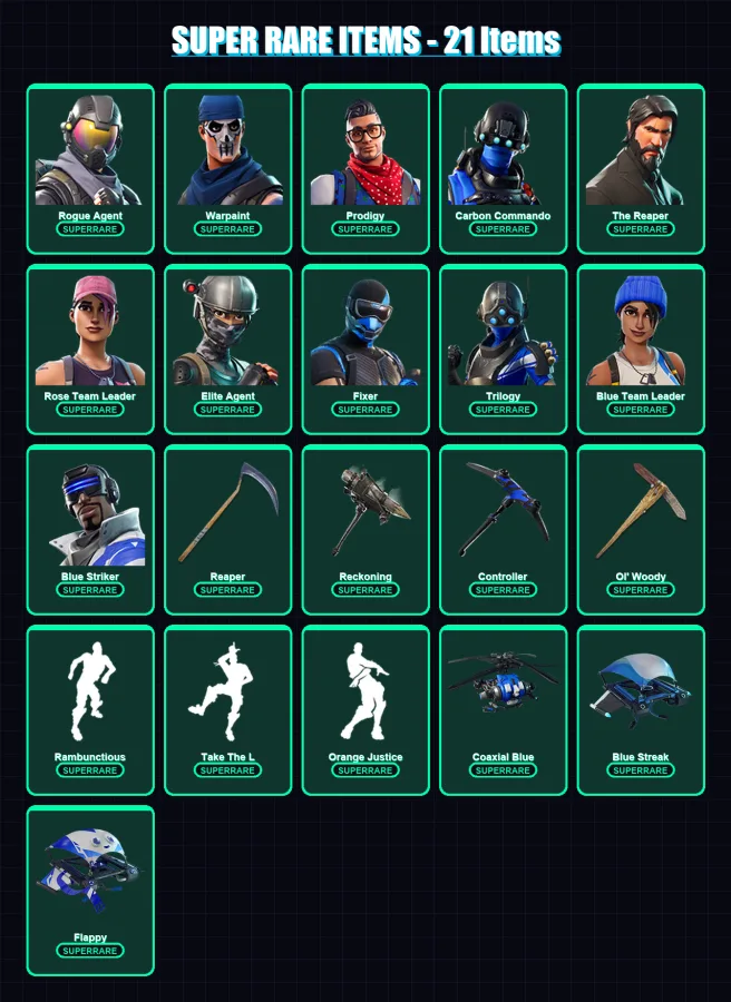 [PC/XBOX/PSN] | Rogue Agent | Warpaint | Prodigy | Carbon Commando | The Reaper | 63 skin | 43 pickaxe | 62 emote | 44 glider | Lv572