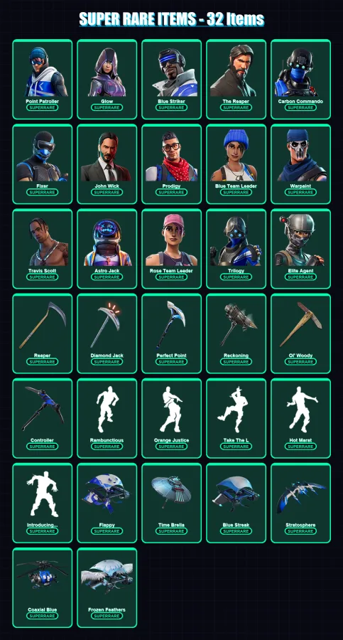 [PS4/PS5/XBOX/PC] | Point Patroller | Glow | Blue Striker | The Reaper | Carbon Commando | 238 skin | 240 pickaxe | 207 emote | 201 glider | Lv2710