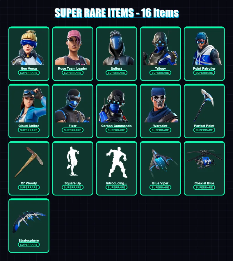 [PS4/PS5/XBOX/PC] | Neo Versa | Rose Team Leader | Sultura | Trilogy | Point Patroller | 153 skin | 152 pickaxe | 159 emote | 138 glider | Lv2051