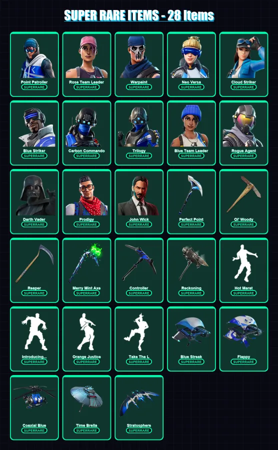 [PC] | Point Patroller | Rose Team Leader | Warpaint | Neo Versa | Cloud Striker | 216 skin | 268 pickaxe | 202 emote | 219 glider | Lv4232