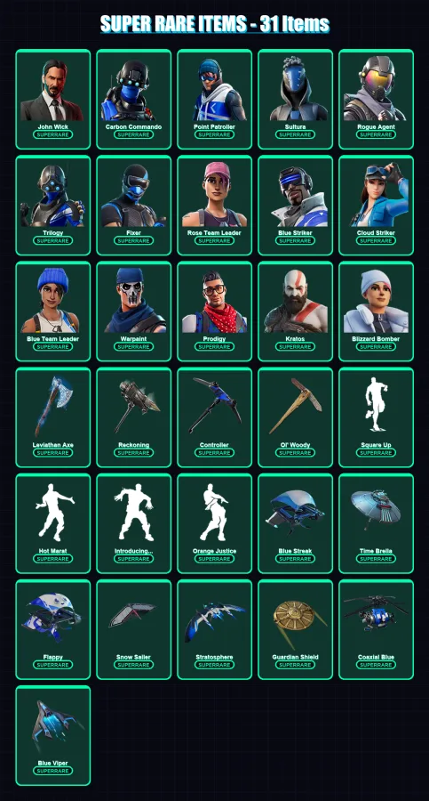 [PS4/PS5/XBOX/PC] | John Wick | Carbon Commando | Point Patroller | Sultura | Rogue Agent | 272 skin | 288 pickaxe | 264 emote | 190 glider | Lv2701
