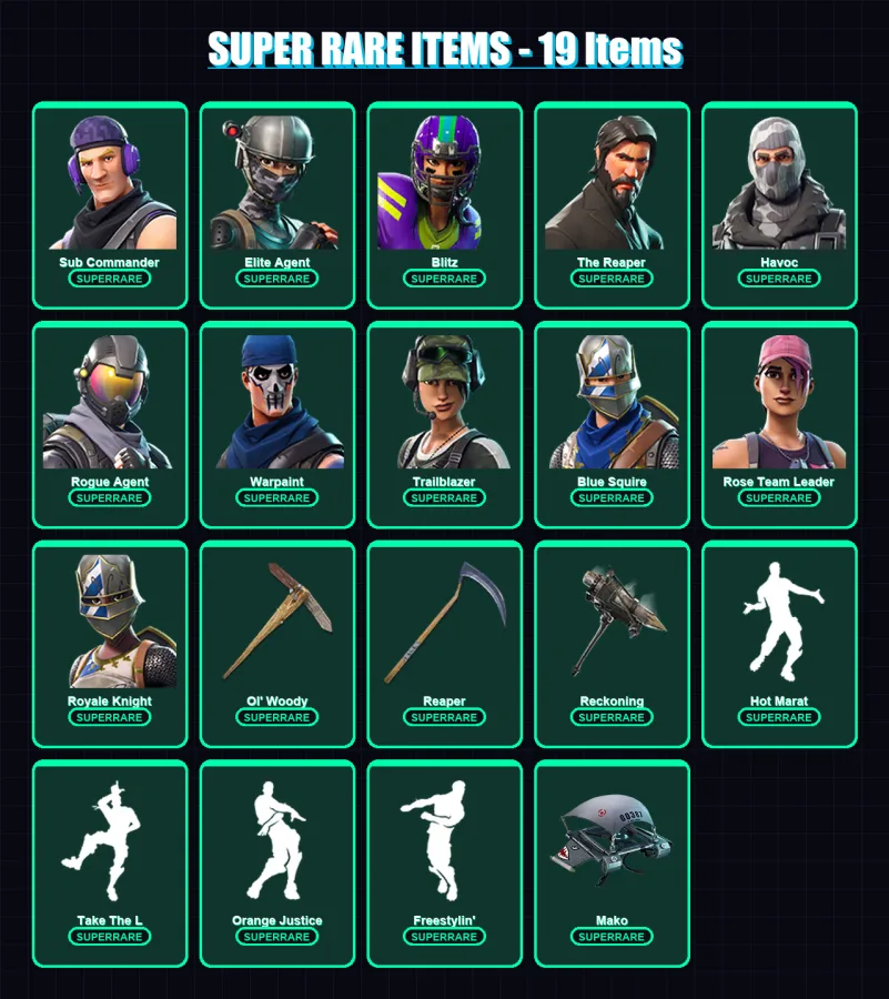 [PC/XBOX] | Sub Commander | Elite Agent | Blitz | The Reaper | Havoc | 87 skin | 83 pickaxe | 76 emote | 72 glider | Lv943