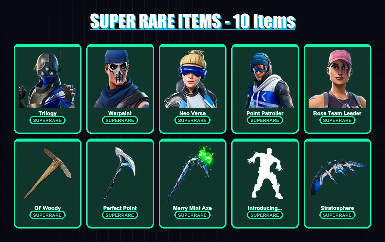 [PS4/PS5/XBOX/PC] | Trilogy | Warpaint | Neo Versa | Point Patroller | Rose Team Leader | 107 skin | 70 pickaxe | 108 emote | 70 glider | Lv769