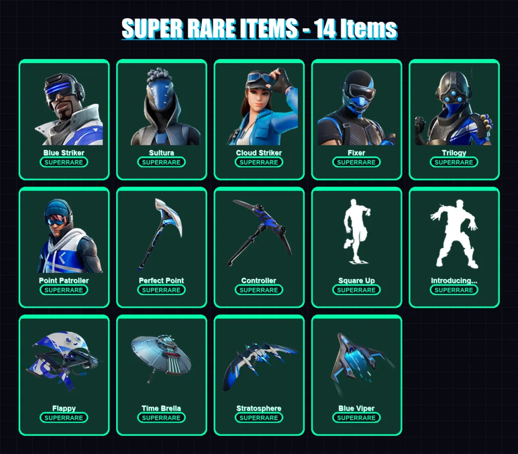 [PC/XBOX] | Blue Striker | Sultura | Cloud Striker | Fixer | Trilogy | 43 skin | 63 pickaxe | 47 emote | 48 glider | Lv646