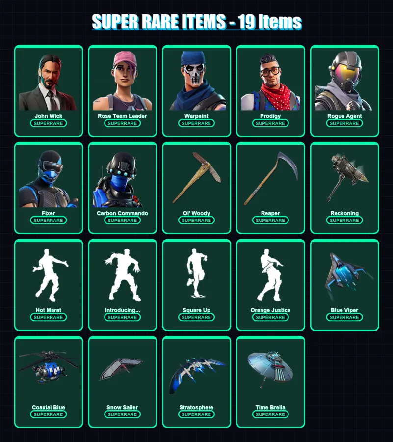 [PC/XBOX/PSN] | John Wick | Rose Team Leader | Warpaint | Prodigy | Rogue Agent | 203 skin | 205 pickaxe | 171 emote | 189 glider | Lv2768 — Fortnite account