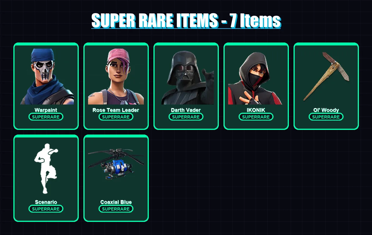 [PS4/PS5/PC] | Warpaint | Rose Team Leader | Darth Vader | IKONIK | The Cube Queen | 115 skin | 125 pickaxe | 112 emote | 108 glider | Lv1447
