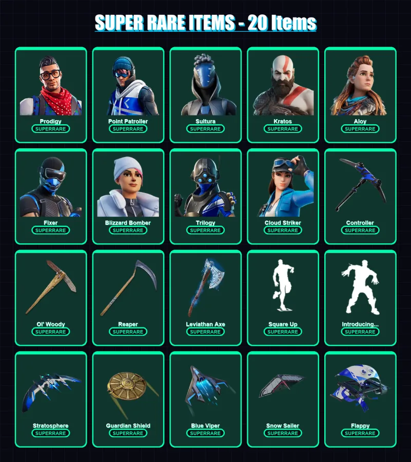 [PC/XBOX] | Prodigy | Point Patroller | Sultura | Kratos | Aloy | 125 skin | 120 pickaxe | 71 emote | 91 glider | Lv1317