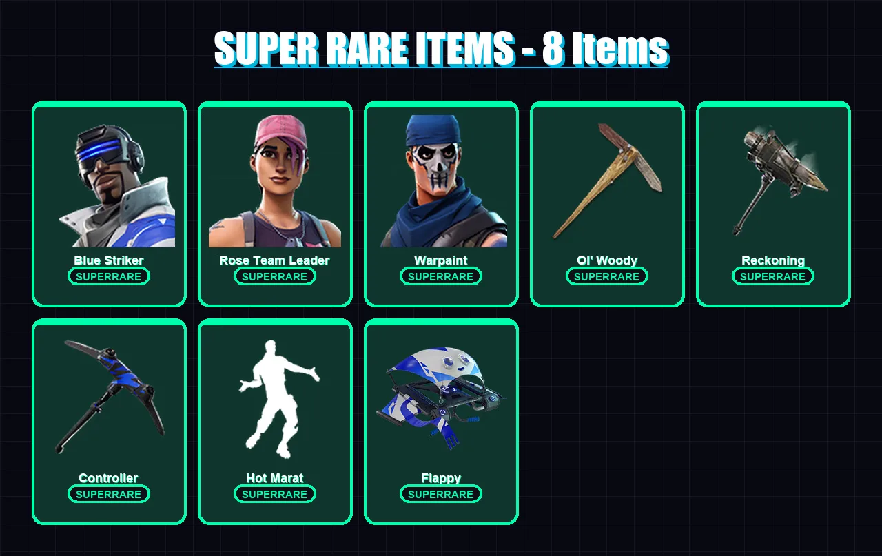 [PC] | Blue Striker | Rose Team Leader | Warpaint | Dire | Drift | 29 skin | 27 pickaxe | 43 emote | 28 glider | Lv319