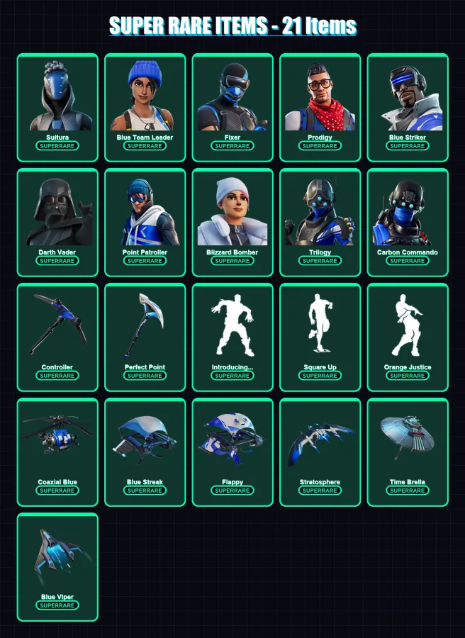 [PS4/PS5/XBOX/PC] | Sultura | Blue Team Leader | Fixer | Prodigy | Blue Striker | 156 skin | 185 pickaxe | 188 emote | 162 glider | Lv2044