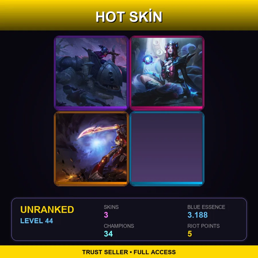 LAS | Lv44 | Unranked | 3 Skin | 34 Champ — LoL account