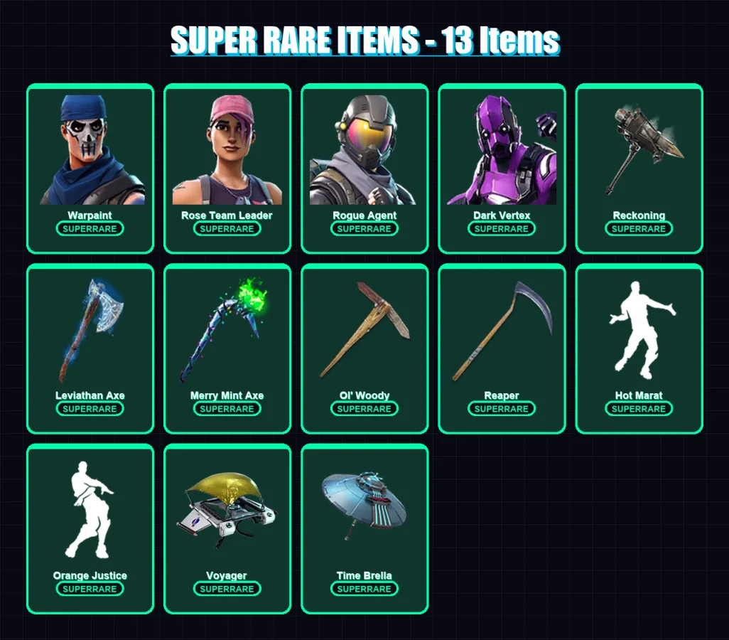 [PC] | Warpaint | Rose Team Leader | Rogue Agent | Dark Vertex | Midas | 472 skin | 408 pickaxe | 262 emote | 260 glider | Lv4645