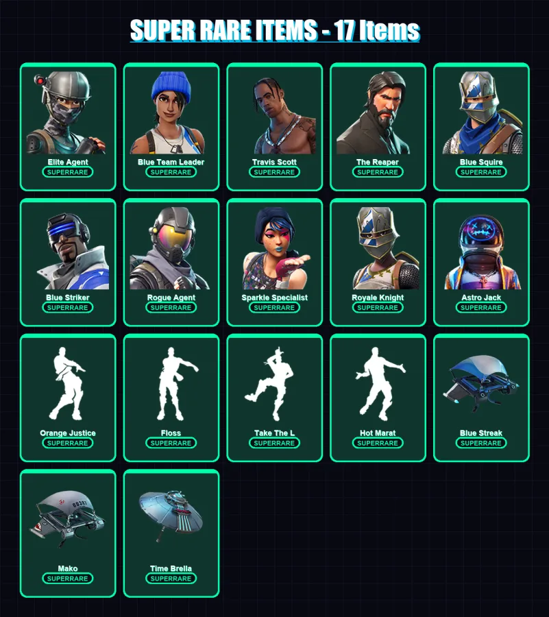 [PC/XBOX/PSN] | Elite Agent | Blue Team Leader | Travis Scott | The Reaper | Blue Squire | 92 skin | 103 pickaxe | 103 emote | 97 glider | Lv1672