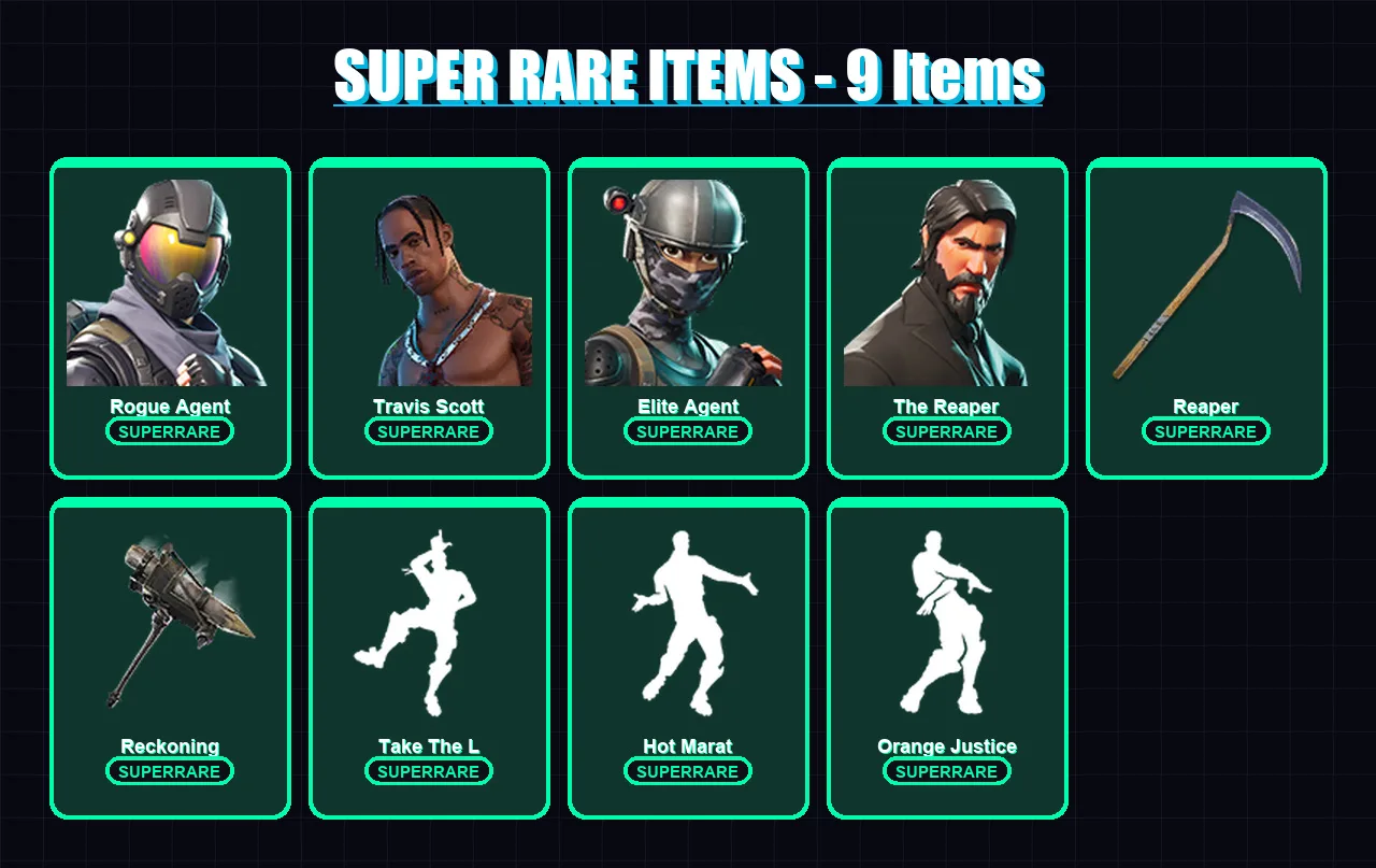 [PS4/PS5/XBOX/PC] | Rogue Agent | Travis Scott | Elite Agent | The Reaper | Dark Voyager | 53 skin | 59 pickaxe | 63 emote | 50 glider | Lv947