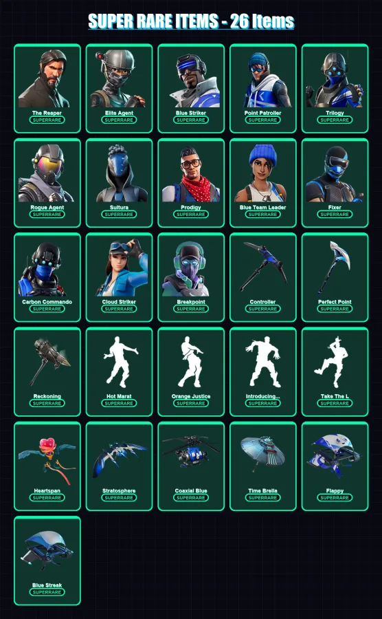 [PS4/PS5/XBOX/PC] | The Reaper | Elite Agent | Blue Striker | Point Patroller | Trilogy | 172 skin | 153 pickaxe | 160 emote | 152 glider | Lv2144