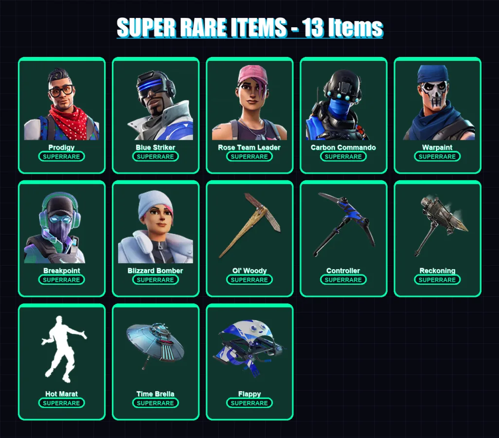 [PC/XBOX] | Prodigy | Blue Striker | Rose Team Leader | Carbon Commando | Warpaint | 193 skin | 179 pickaxe | 189 emote | 137 glider | Lv1641