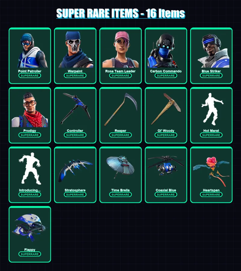 [PC/XBOX] | Point Patroller | Warpaint | Rose Team Leader | Carbon Commando | Blue Striker | 136 skin | 132 pickaxe | 135 emote | 120 glider | Lv165