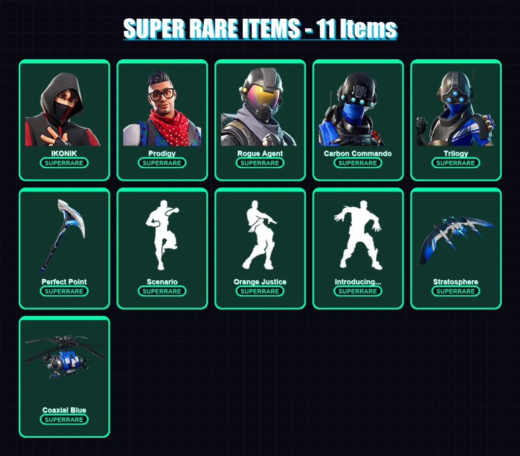 [PC/XBOX] | IKONIK | Prodigy | Rogue Agent | Carbon Commando | Trilogy | 34 skin | 23 pickaxe | 47 emote | 27 glider | Lv393