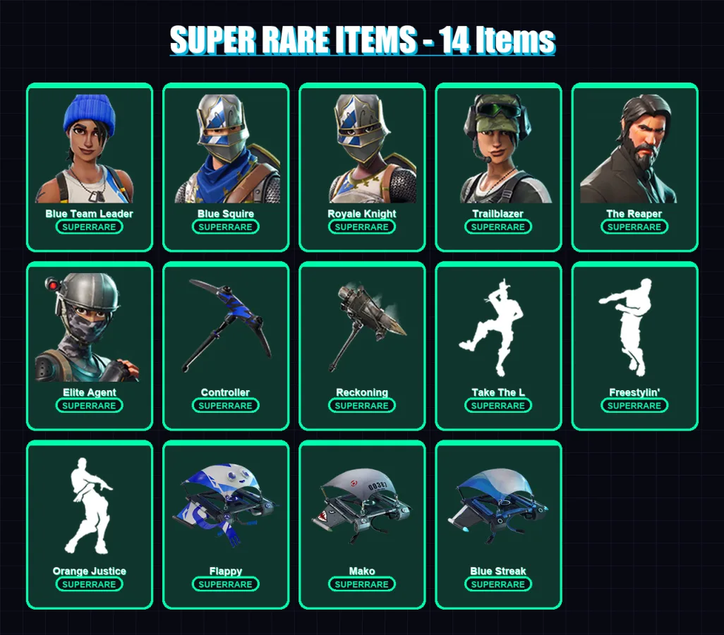 [PS4/PS5/XBOX/PC] | Blue Team Leader | Blue Squire | Royale Knight | Trailblazer | The Reaper | 42 skin | 29 pickaxe | 45 emote | 44 glider | Lv620