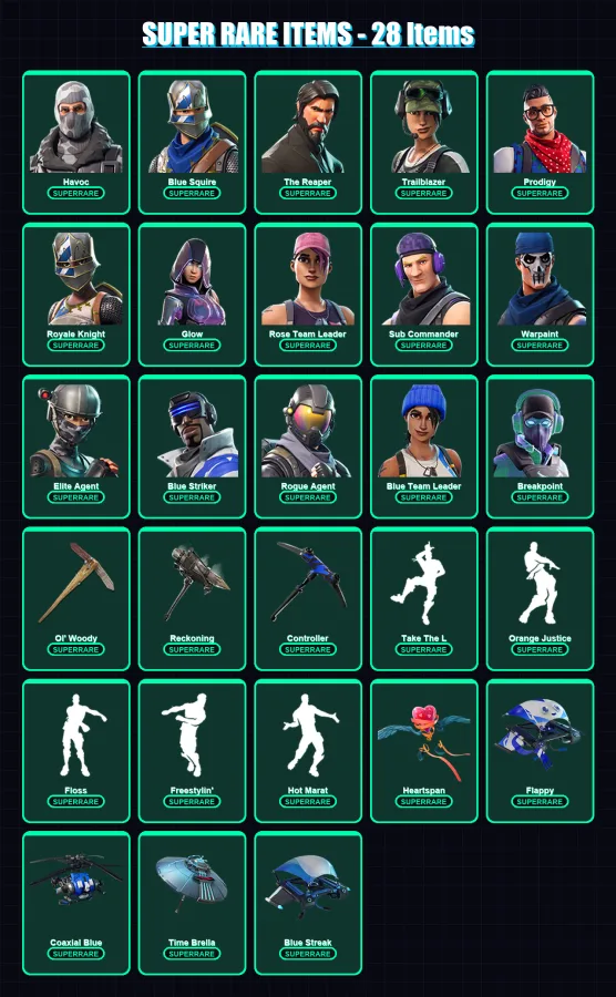 [PC/XBOX] | Havoc | Blue Squire | The Reaper | Trailblazer | Prodigy | 126 skin | 88 pickaxe | 116 emote | 104 glider | Lv1266