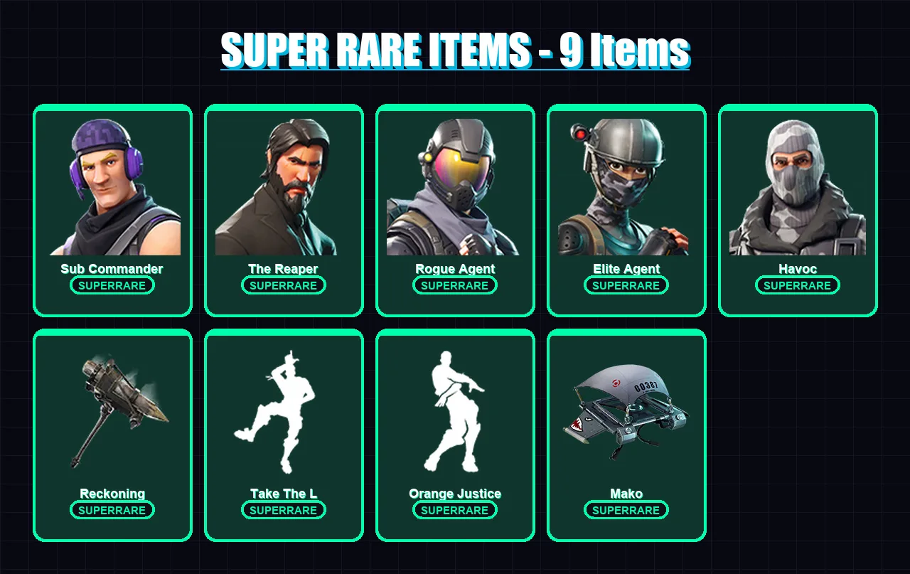 [PC/PSN] | Sub Commander | The Reaper | Rogue Agent | Elite Agent | Havoc | 43 skin | 30 pickaxe | 50 emote | 37 glider | Lv485