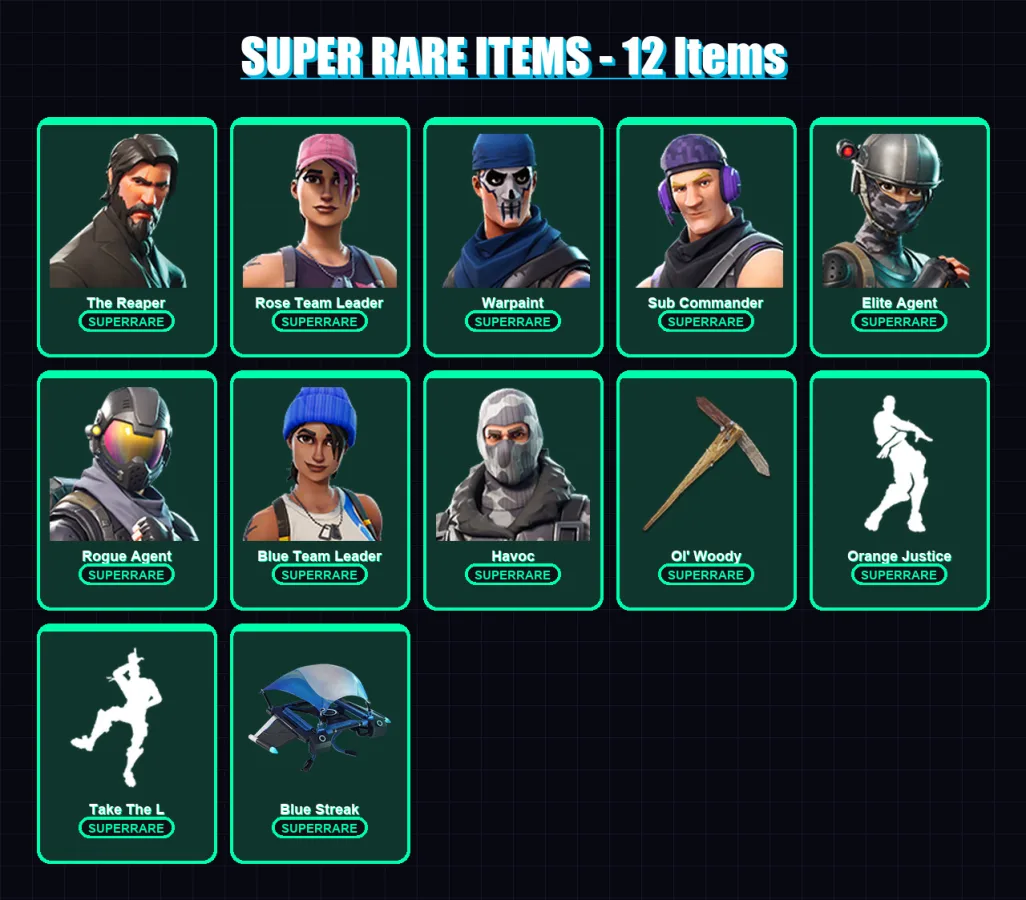 [PS4/PS5/XBOX/PC] | The Reaper | Rose Team Leader | Warpaint | Sub Commander | Elite Agent | 15 skin | 12 pickaxe | 10 emote | 14 glider | Lv132