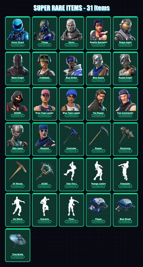 [PC/XBOX/PSN] | Honor Guard | Trilogy | Havoc | Sparkle Specialist | Rogue Agent | 133 skin | 115 pickaxe | 109 emote | 104 glider | Lv1470