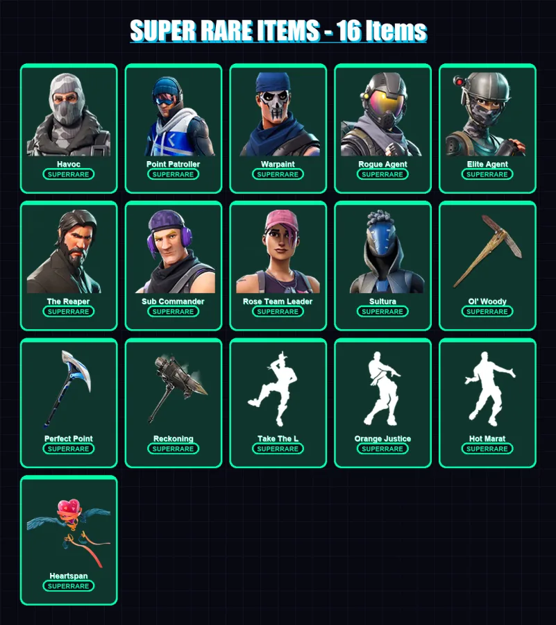 [PS4/PS5/XBOX/PC] | Havoc | Point Patroller | Warpaint | Rogue Agent | Elite Agent | 108 skin | 99 pickaxe | 83 emote | 101 glider | Lv1245