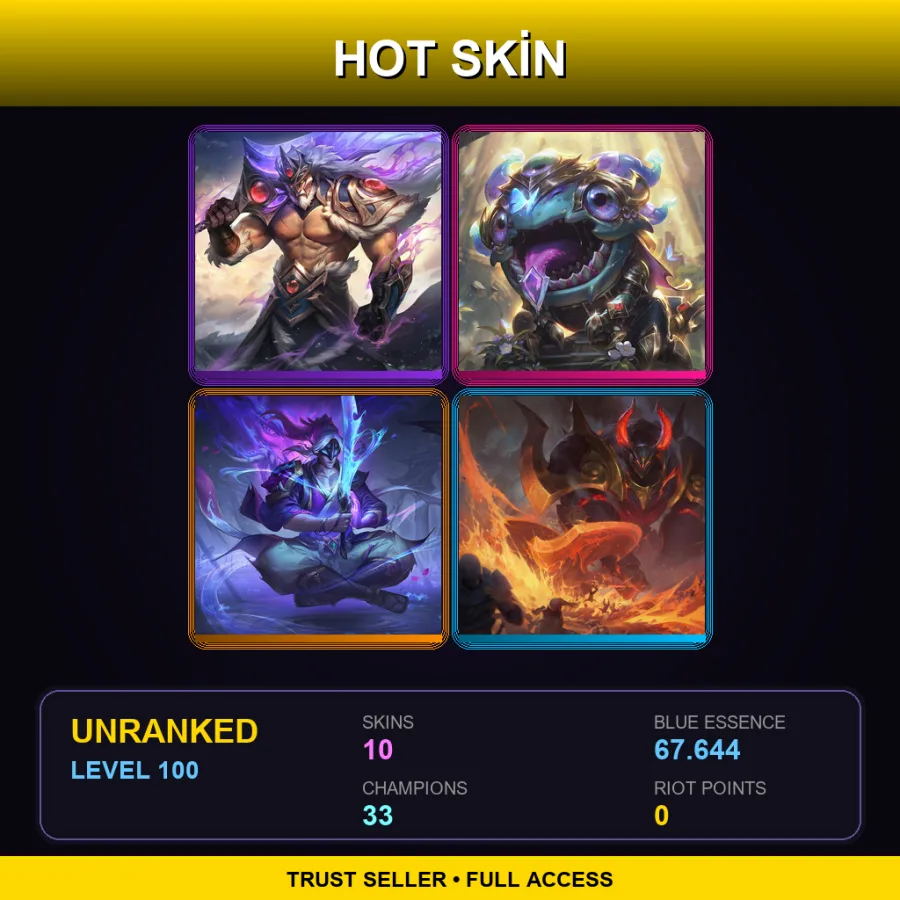 LAS | Lv100 | Unranked | 10 Skin | 33 Champ — LoL account