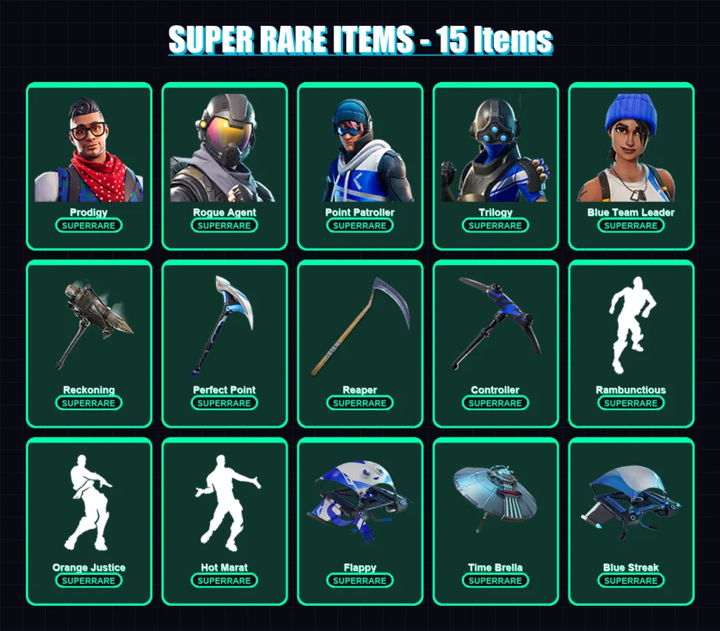 [PS4/PS5/XBOX/PC] | Prodigy | Rogue Agent | Point Patroller | Trilogy | Blue Team Leader | 108 skin | 81 pickaxe | 82 emote | 80 glider | Lv934