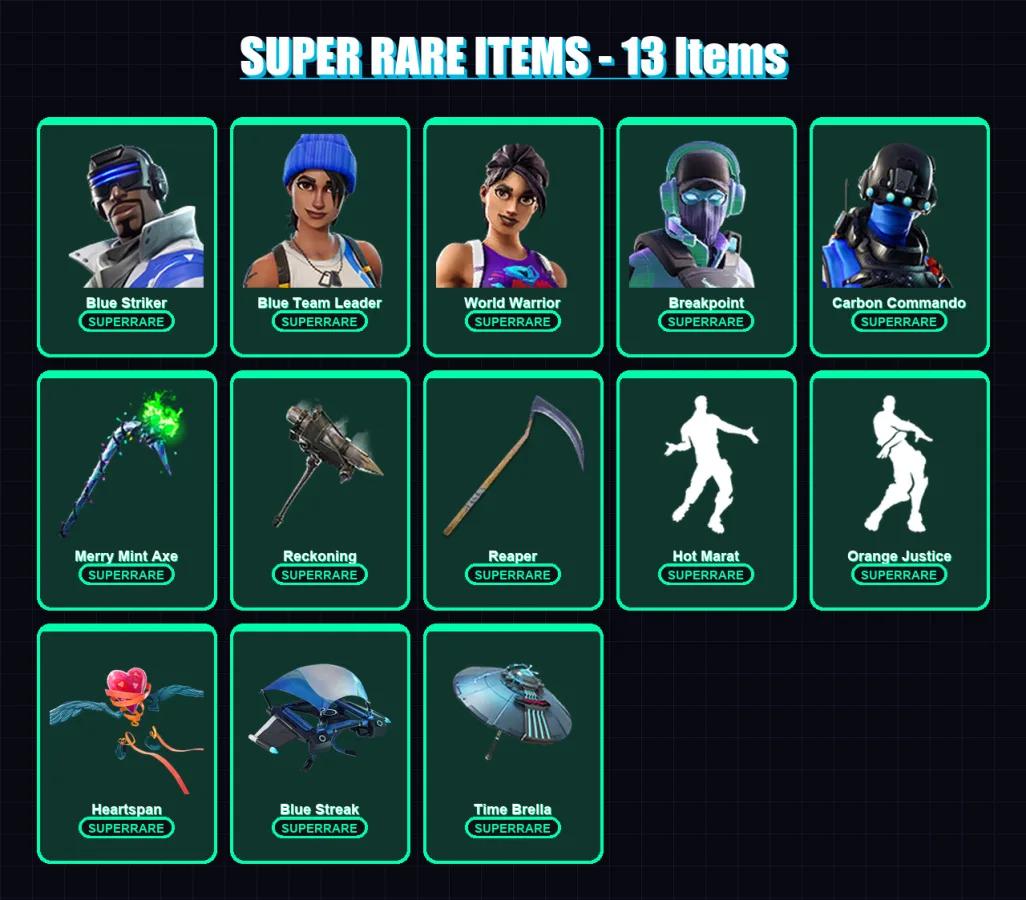 [PC/XBOX] | Blue Striker | Blue Team Leader | World Warrior | Breakpoint | Carbon Commando | 109 skin | 129 pickaxe | 100 emote | 113 glider | Lv200