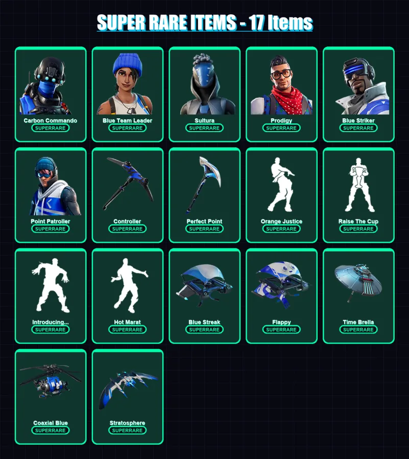 [PS4/PS5/XBOX/PC] | Carbon Commando | Blue Team Leader | Sultura | Prodigy | Blue Striker | 109 skin | 123 pickaxe | 138 emote | 113 glider | Lv2203 — Fortnite account