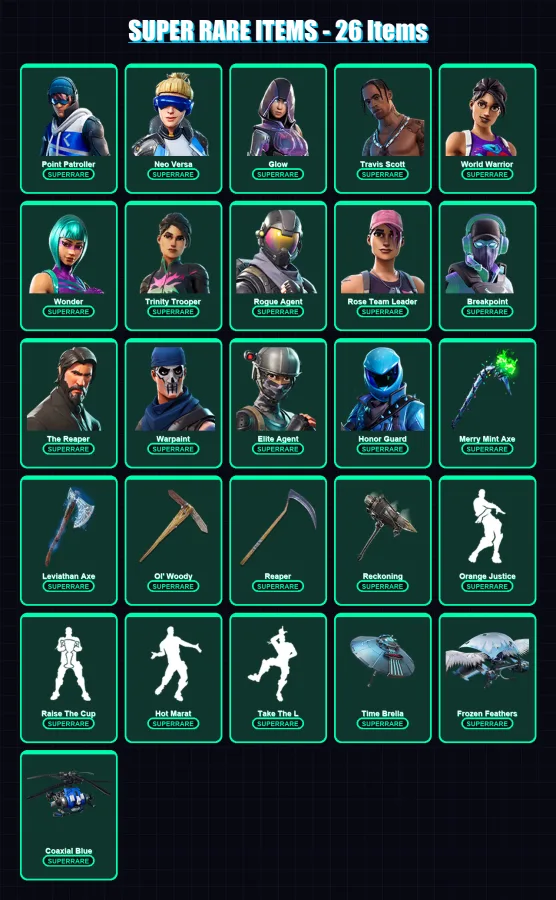 [PC] | Point Patroller | Neo Versa | Glow | Travis Scott | World Warrior | 414 skin | 317 pickaxe | 265 emote | 229 glider | Lv3669