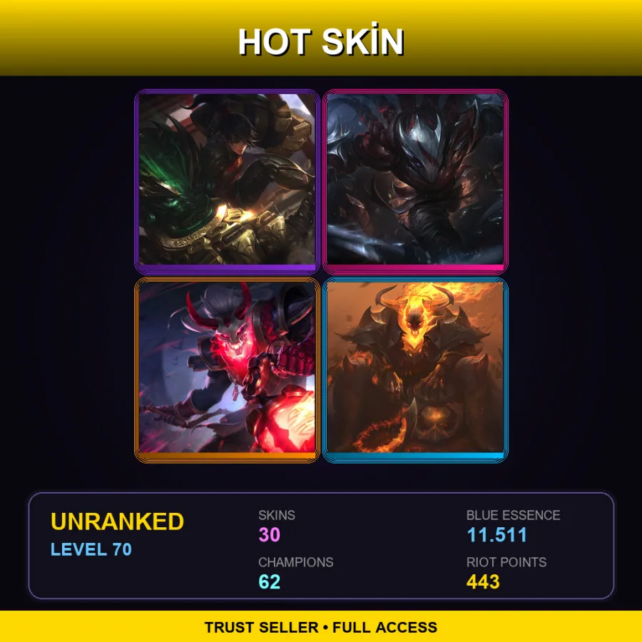 LAS | Lv70 | Unranked | 30 Skin | 62 Champ — LoL account