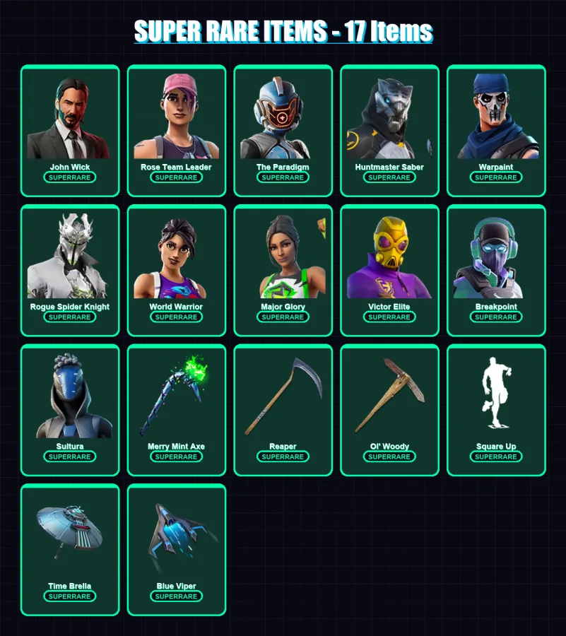 [PC/XBOX] | John Wick | Rose Team Leader | The Paradigm | Huntmaster Saber | Warpaint | 370 skin | 240 pickaxe | 414 emote | 150 glider | Lv1552