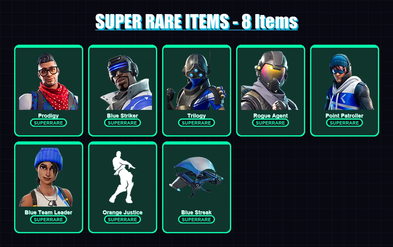 [PC/XBOX/PSN] | Prodigy | Blue Striker | Trilogy | Rogue Agent | Point Patroller | 8 skin | 25 pickaxe | 39 emote | 34 glider | Lv721