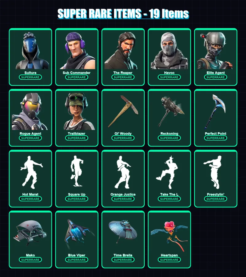 [PC/XBOX/PSN] | Sultura | Sub Commander | The Reaper | Havoc | Elite Agent | 166 skin | 212 pickaxe | 177 emote | 183 glider | Lv2323