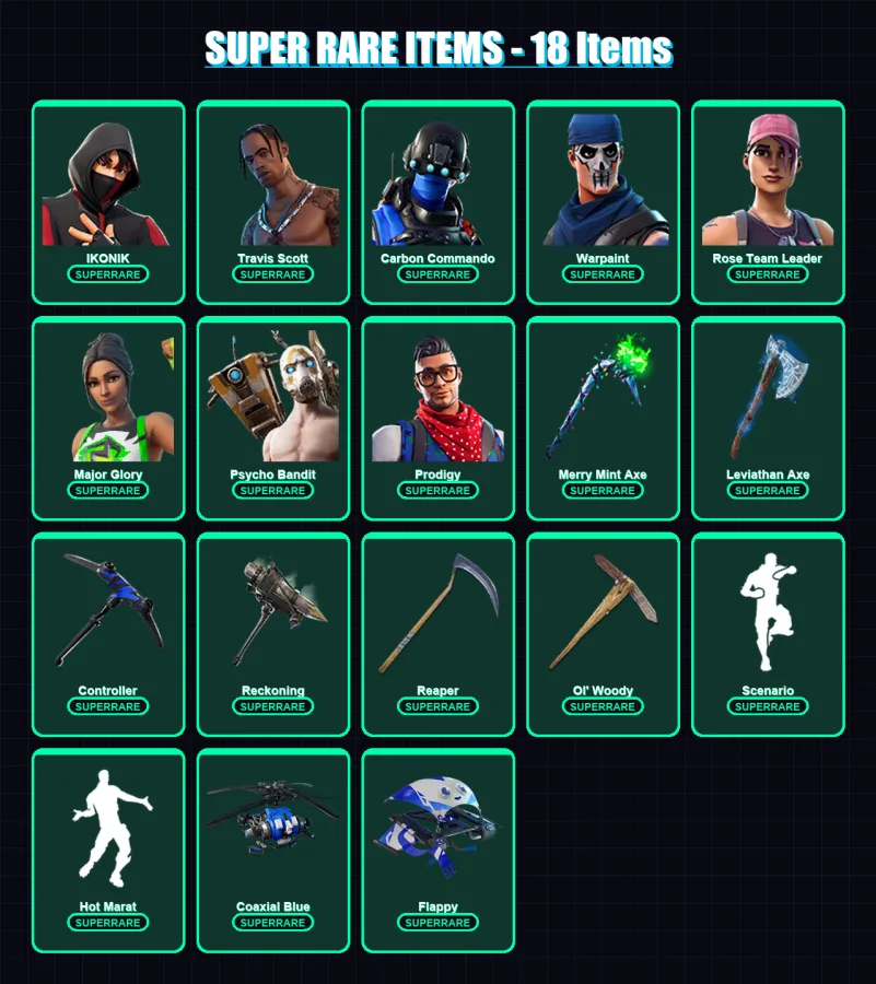 [PC/XBOX] | IKONIK | Travis Scott | Carbon Commando | Warpaint | Rose Team Leader | 324 skin | 224 pickaxe | 216 emote | 162 glider | Lv2543