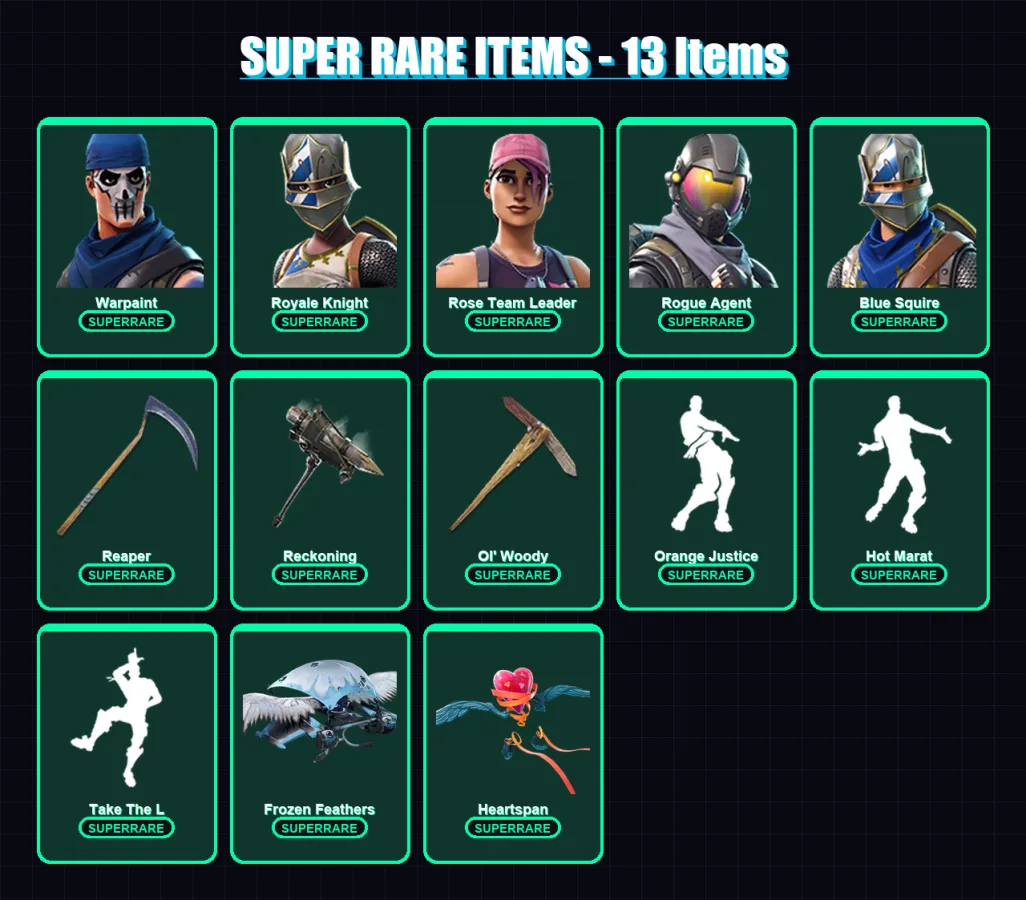 [PC/XBOX/PSN] | Warpaint | Royale Knight | Rose Team Leader | Rogue Agent | Blue Squire | 101 skin | 79 pickaxe | 88 emote | 78 glider | Lv1152