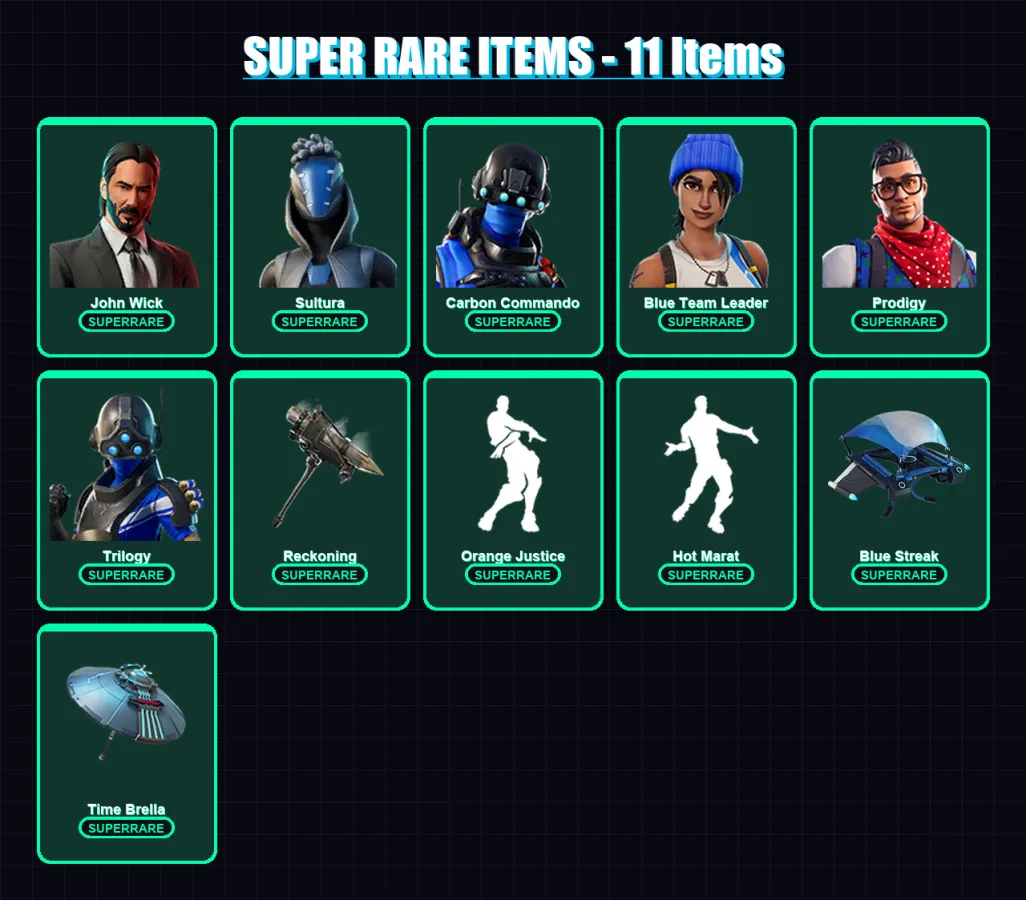 [PS4/PS5/XBOX/PC] | John Wick | Sultura | Carbon Commando | Blue Team Leader | Prodigy | 163 skin | 171 pickaxe | 143 emote | 155 glider | Lv2058