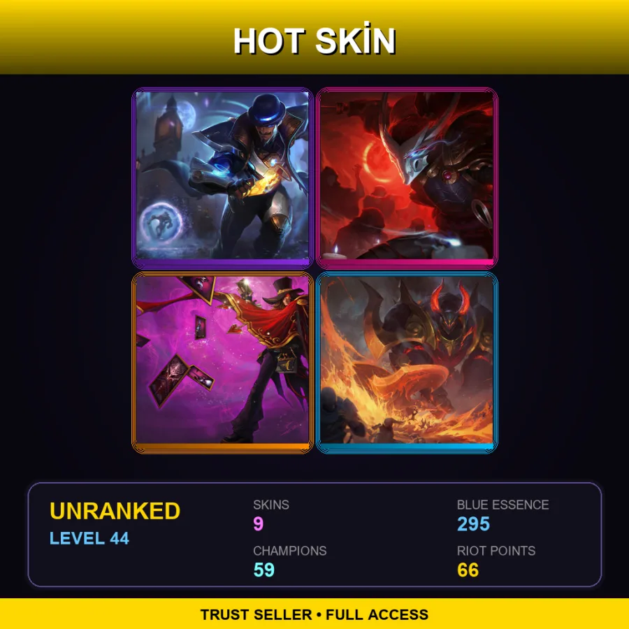 VN | Pulsefire Twisted Fate | Blood Moon Yasuo | The Magnificent Twisted Fate | Infernal Mordekaiser | 9 Skin | 59 Champ | Lv44