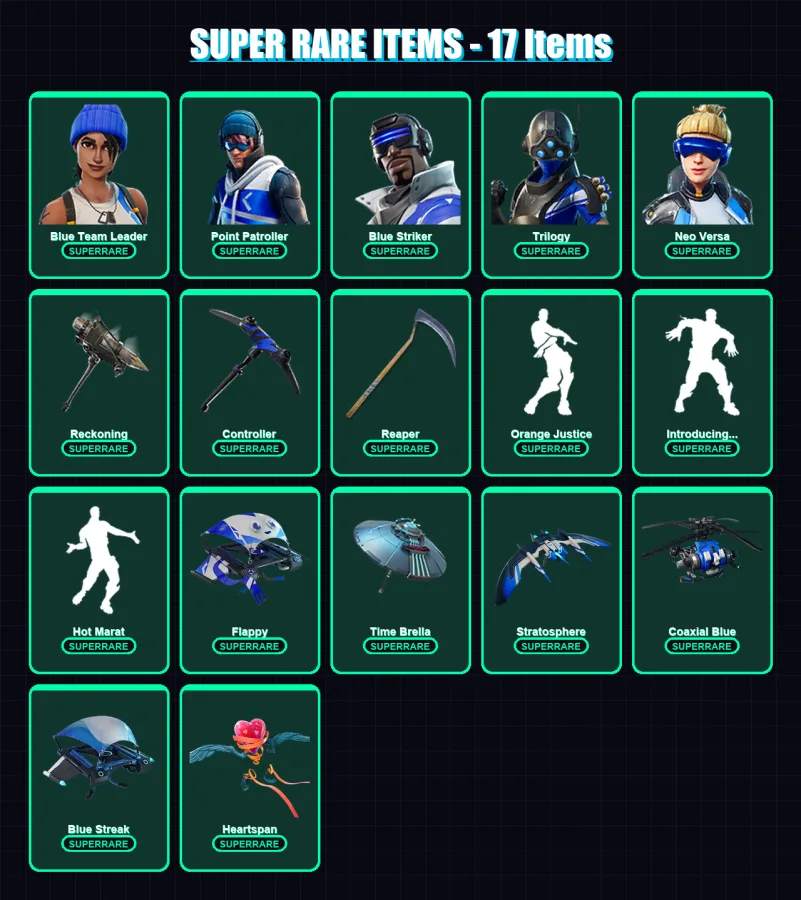 [PC/XBOX] | Blue Team Leader | Point Patroller | Blue Striker | Trilogy | Neo Versa | 80 skin | 73 pickaxe | 111 emote | 76 glider | Lv1285