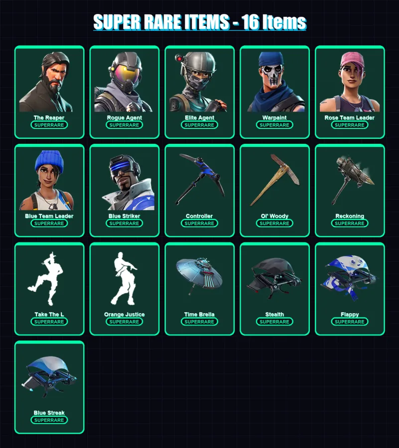 [PC/XBOX/PSN] | The Reaper | Rogue Agent | Elite Agent | Warpaint | Rose Team Leader | 174 skin | 121 pickaxe | 123 emote | 110 glider | Lv1349