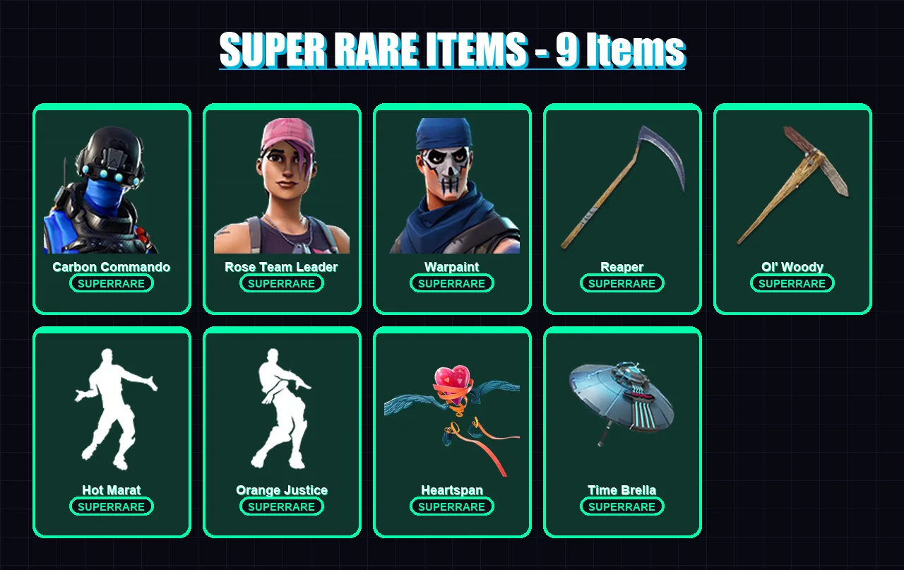[PC/XBOX/PSN] | Carbon Commando | Rose Team Leader | Warpaint | Zenith | Carbide | 49 skin | 98 pickaxe | 93 emote | 93 glider | Lv1787